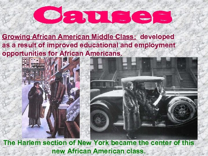 Causes Growing African American Middle Class: developed as a result of improved educational and