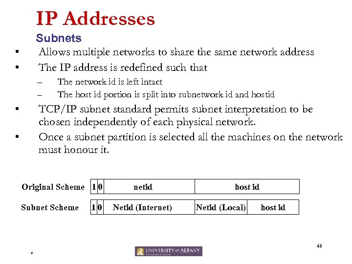 IP Addresses Subnets Allows multiple networks to share the same network address The IP
