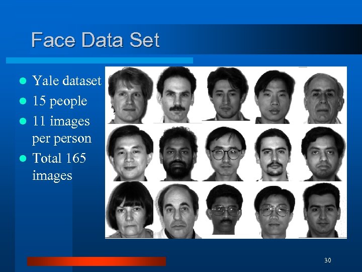 Face Data Set Yale dataset l 15 people l 11 images person l Total