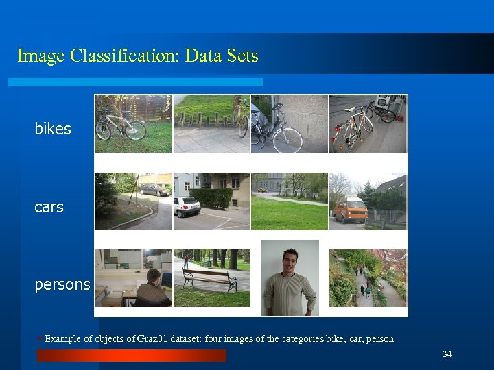 Image Classification: Data Sets bikes cars persons § Example of objects of Graz 01