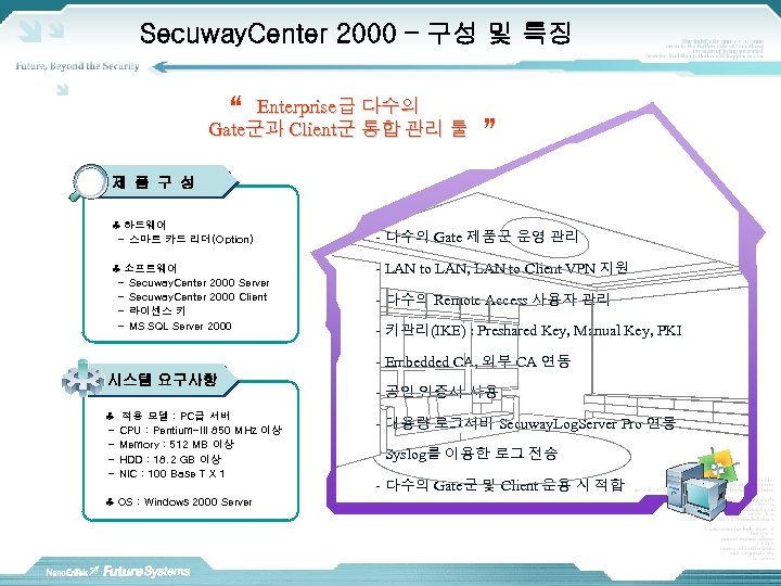 Secuway. Center 2000 – 구성 및 특징 Enterprise급 다수의 “군과 Client군 통합 관리 툴