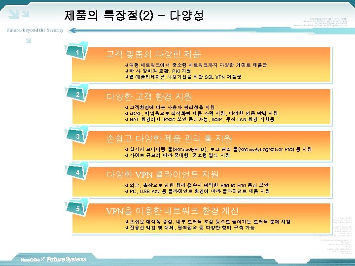 제품의 특장점(2) - 다양성 1 고객 맞춤의 다양한 제품 √ 대형 네트워크에서 중소형 네트워크까지