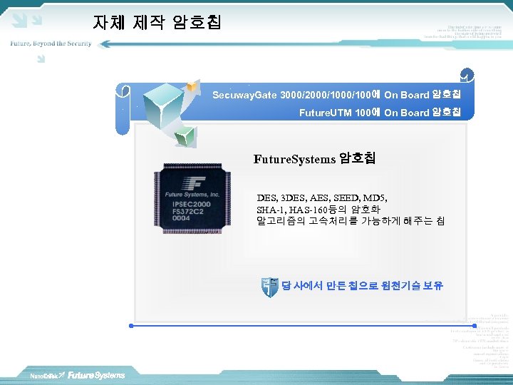 자체 제작 암호칩 Secuway. Gate 3000/2000/100에 On Board 암호칩 Future. UTM 100에 On Board