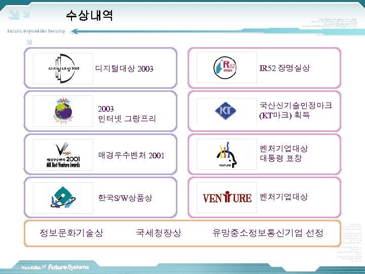 수상내역 디지털대상 2003 IR 52 장영실상 2003 인터넷 그랑프리 국산신기술인정마크 (KT마크) 획득 매경우수벤처 2001