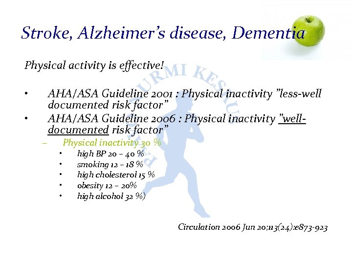 Stroke, Alzheimer’s disease, Dementia Physical activity is effective! • • – AHA/ASA Guideline 2001