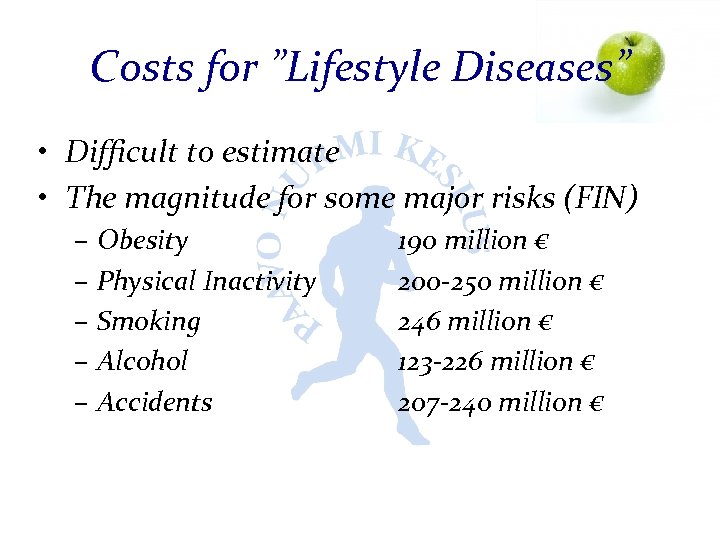 Costs for ”Lifestyle Diseases” • Difficult to estimate • The magnitude for some major