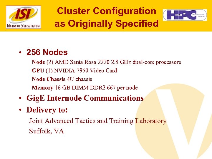 Cluster Configuration as Originally Specified • 256 Nodes Node (2) AMD Santa Rosa 2220