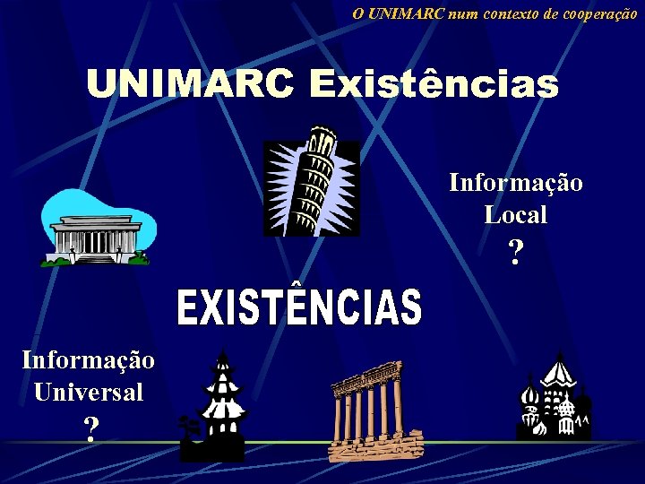 O UNIMARC num contexto de cooperação UNIMARC Existências Informação Local ? Informação Universal ?