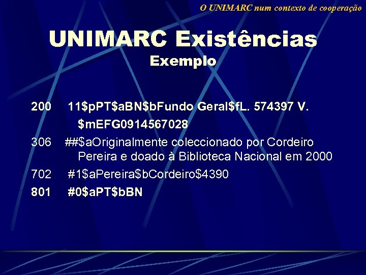 O UNIMARC num contexto de cooperação UNIMARC Existências Exemplo 200 11$p. PT$a. BN$b. Fundo