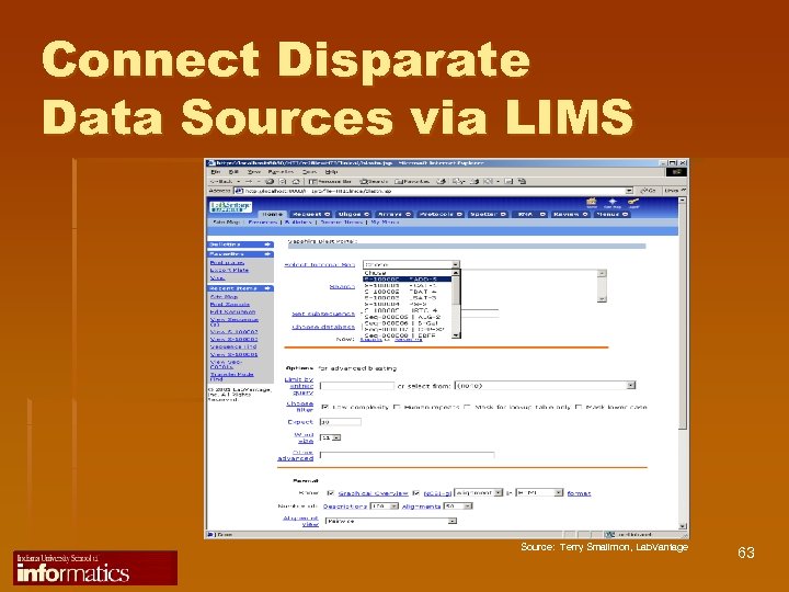 Connect Disparate Data Sources via LIMS Source: Terry Smallmon, Lab. Vantage 63 