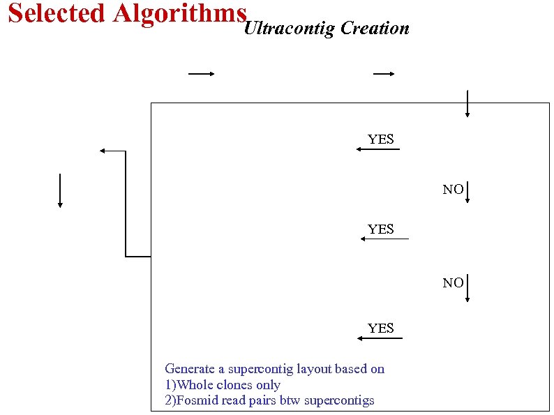Selected Algorithms. Ultracontig Creation YES NO YES Generate a supercontig layout based on 1)Whole