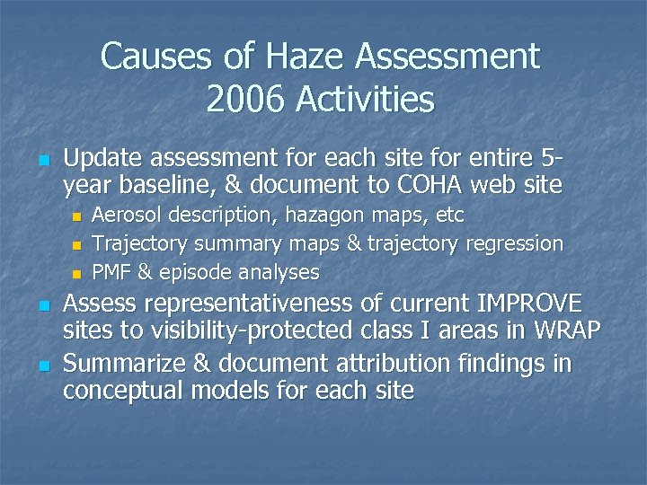 Causes of Haze Assessment 2006 Activities n Update assessment for each site for entire