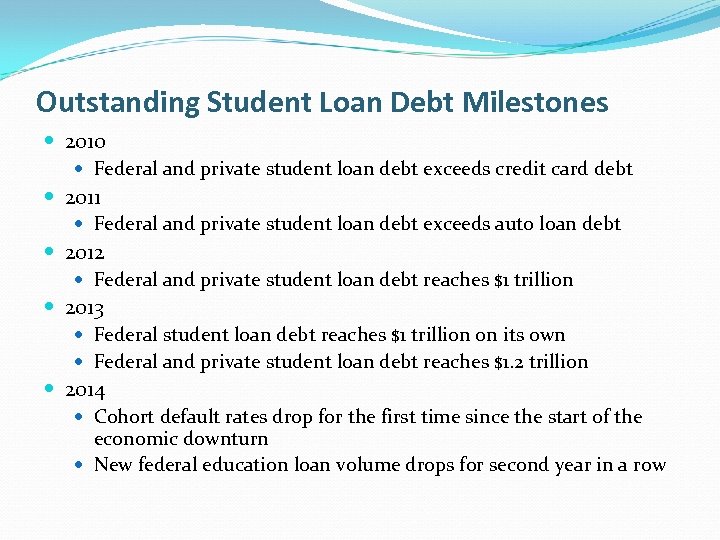 Outstanding Student Loan Debt Milestones 2010 Federal and private student loan debt exceeds credit