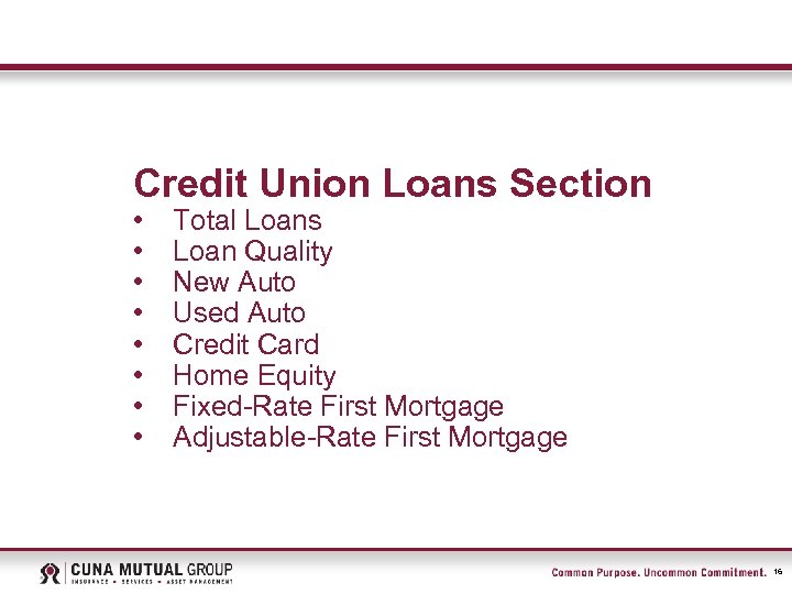 Credit Union Loans Section • • Total Loans Loan Quality New Auto Used Auto
