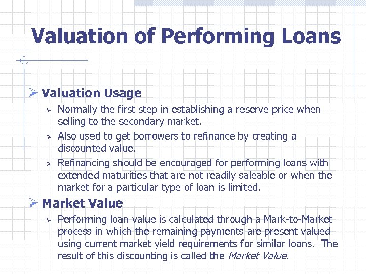  Valuation of Performing Loans Ø Valuation Usage Ø Ø Ø Normally the first
