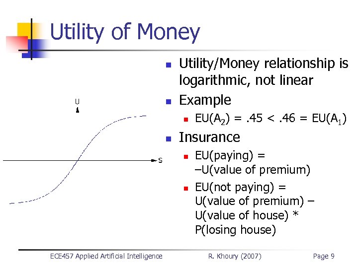 Utility of Money n n Utility/Money relationship is logarithmic, not linear Example n n