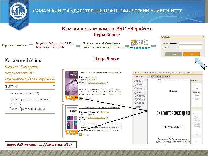 САМАРСКИЙ ГОСУДАРСТВЕННЫЙ ЭКОНОМИЧЕСКИЙ УНИВЕРСИТЕТ Как попасть из дома в ЭБС «Юрайт» : Первый шаг