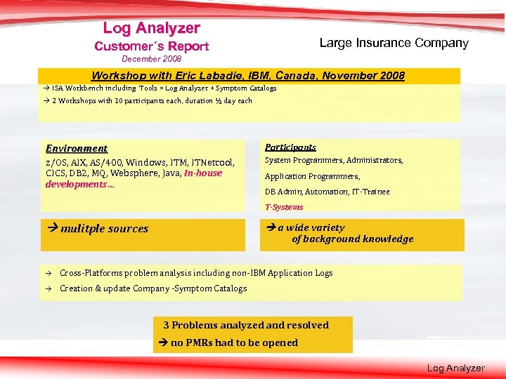 Log Analyzer Large Insurance Company Customer´s Report December 2008 Workshop with Eric Labadie, IBM,