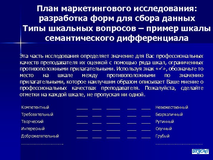 План маркетингового исследования: разработка форм для сбора данных Типы шкальных вопросов – пример шкалы
