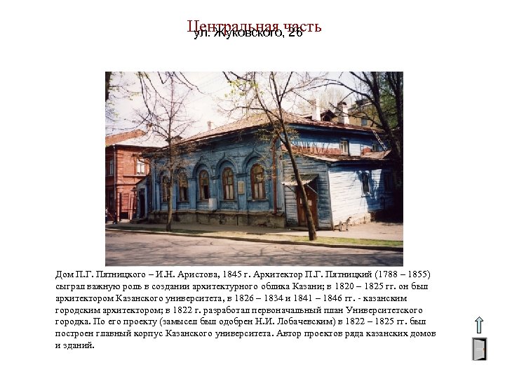 Центральная часть ул. Жуковского, 26 Дом П. Г. Пятницкого – И. Н. Аристова, 1845