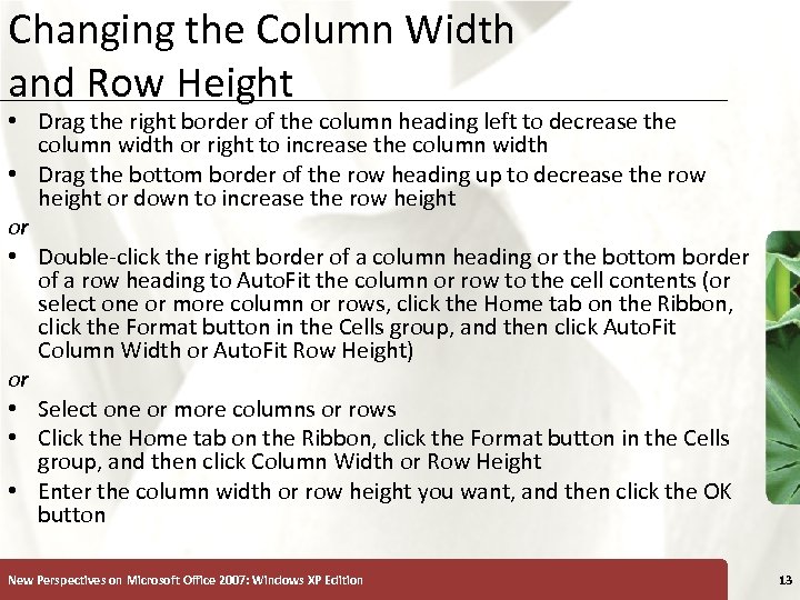Changing the Column Width and Row Height XP • Drag the right border of