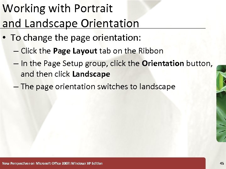 Working with Portrait and Landscape Orientation XP • To change the page orientation: –