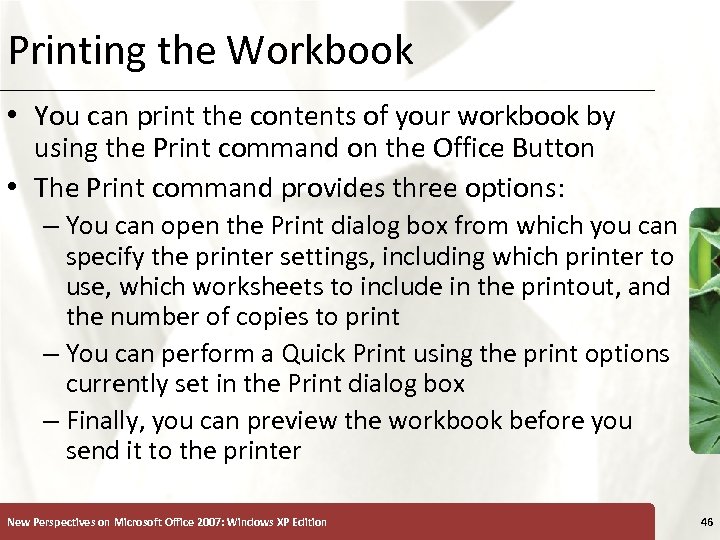 Printing the Workbook XP • You can print the contents of your workbook by