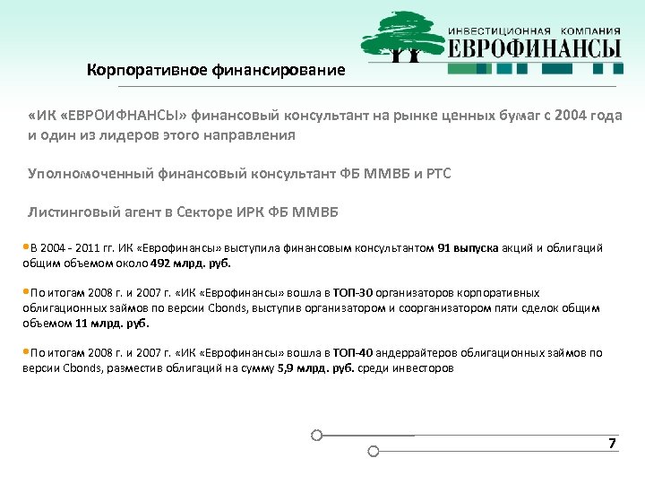 Корпоративное финансирование «ИК «ЕВРОИФНАНСЫ» финансовый консультант на рынке ценных бумаг с 2004 года и