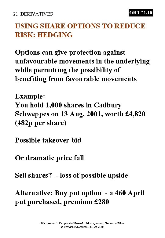 21 DERIVATIVES OHT 21. 10 USING SHARE OPTIONS TO REDUCE RISK: HEDGING Options can