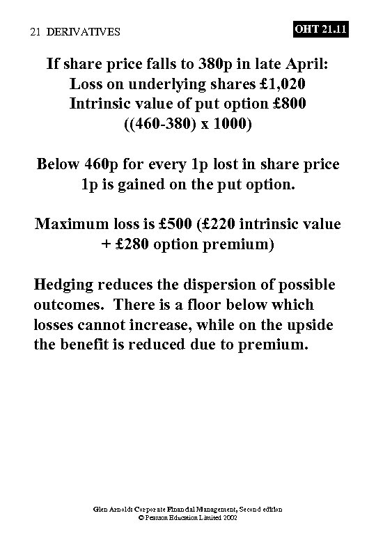 21 DERIVATIVES OHT 21. 11 If share price falls to 380 p in late