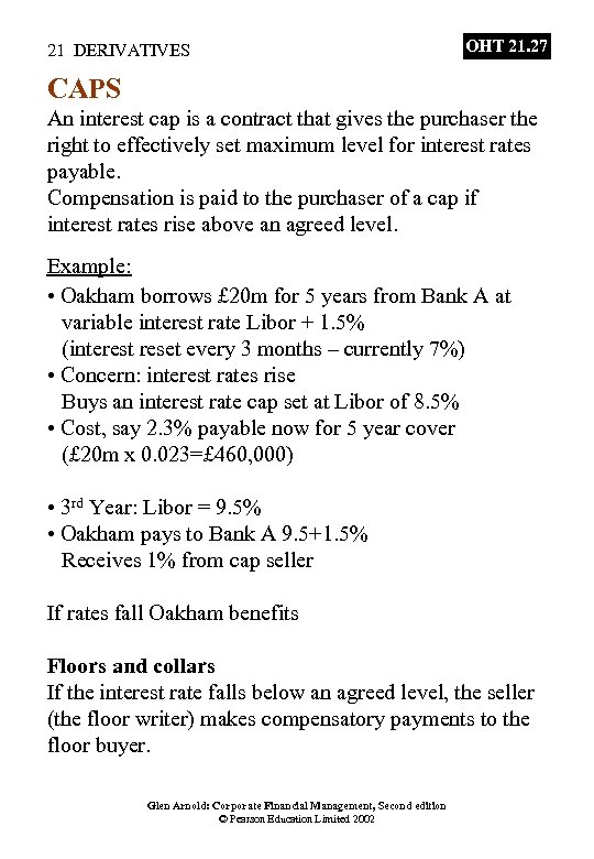 21 DERIVATIVES OHT 21. 27 CAPS An interest cap is a contract that gives