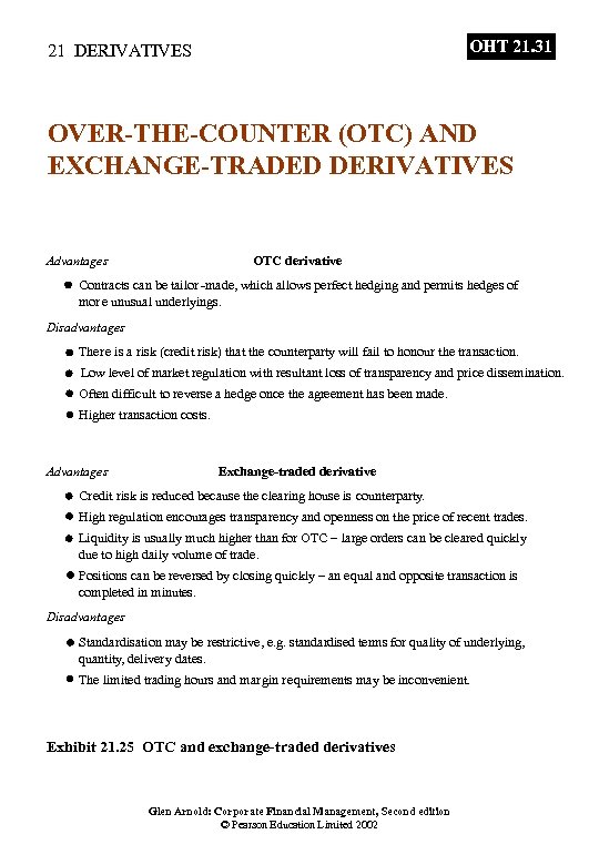 OHT 21. 31 21 DERIVATIVES OVER-THE-COUNTER (OTC) AND EXCHANGE-TRADED DERIVATIVES Advantages OTC derivative Contracts