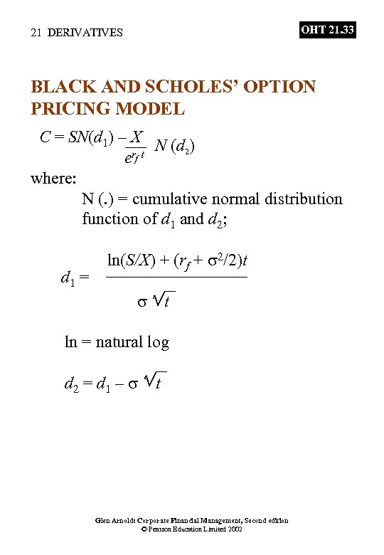 OHT 21. 33 21 DERIVATIVES BLACK AND SCHOLES’ OPTION PRICING MODEL C = SN(d