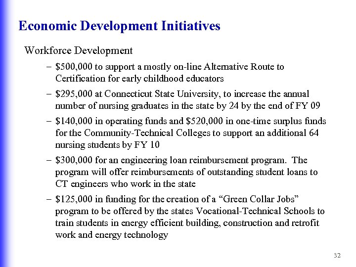 Economic Development Initiatives Workforce Development – $500, 000 to support a mostly on-line Alternative