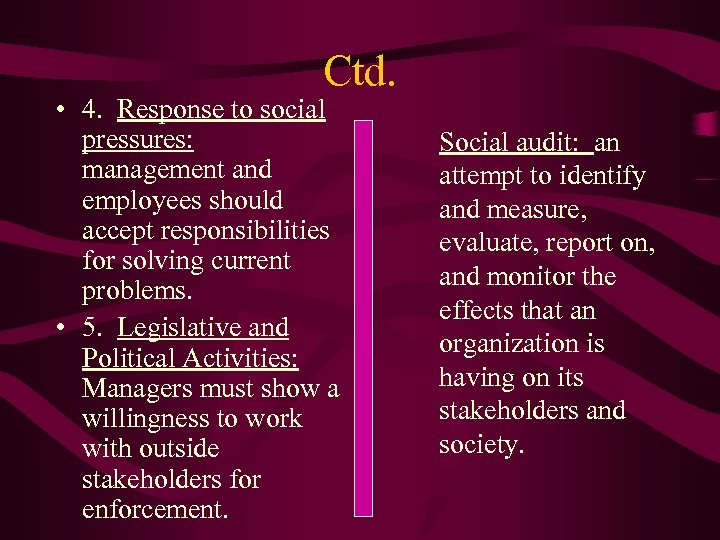 Ctd. • 4. Response to social pressures: management and employees should accept responsibilities for