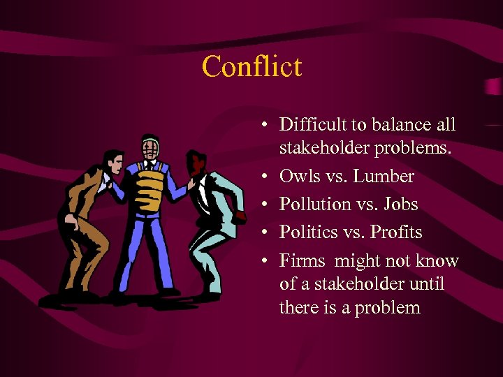 Conflict • Difficult to balance all stakeholder problems. • Owls vs. Lumber • Pollution