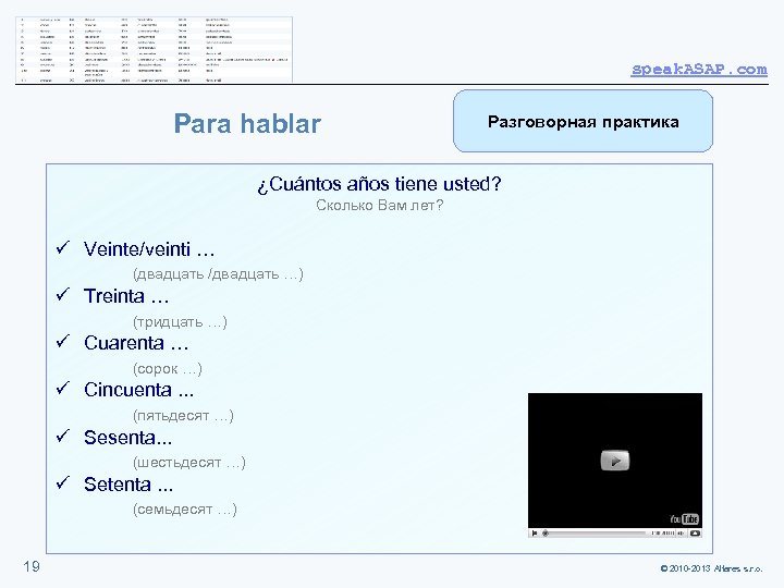 speak. ASAP. com Para hablar Разговорная практика ¿Cuántos años tiene usted? Сколько Вам лет?