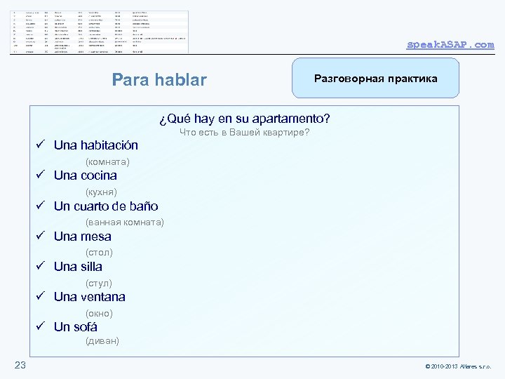speak. ASAP. com Para hablar Разговорная практика ¿Qué hay en su apartamento? Что есть