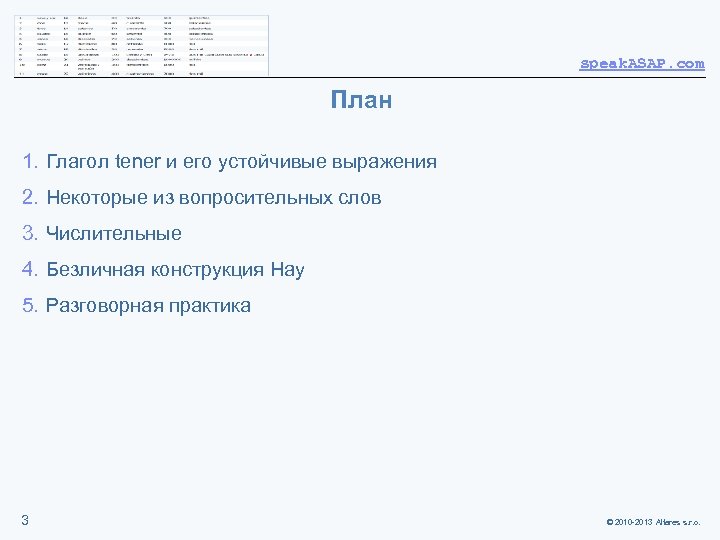 speak. ASAP. com План 1. Глагол tener и его устойчивые выражения 2. Некоторые из