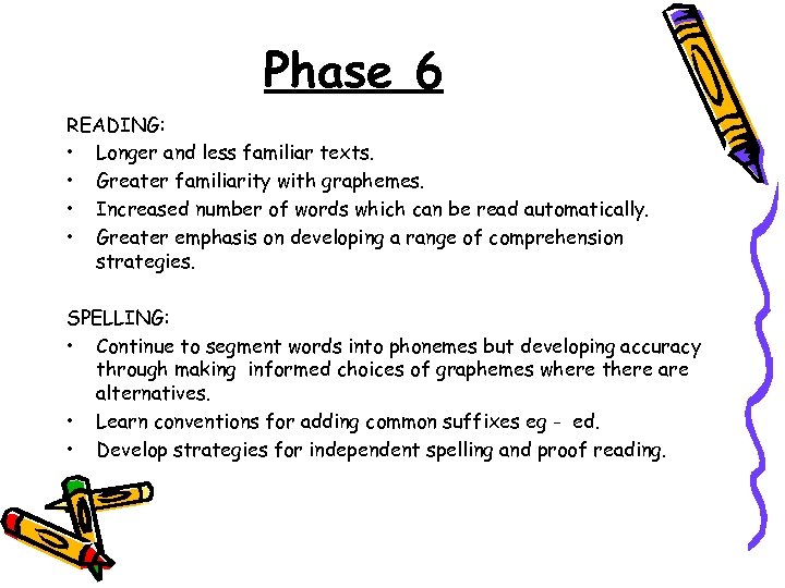 Phase 6 READING: • Longer and less familiar texts. • Greater familiarity with graphemes.