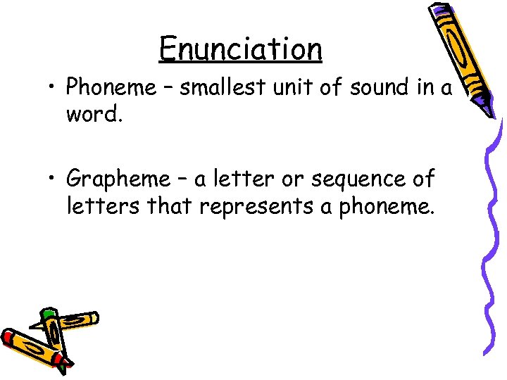 Enunciation • Phoneme – smallest unit of sound in a word. • Grapheme –