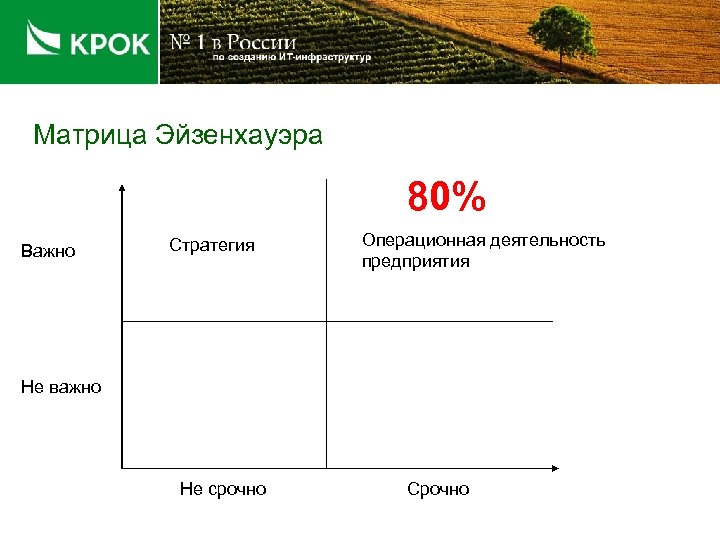 Матрица Эйзенхауэра 80% Важно Стратегия Операционная деятельность предприятия Не важно Не срочно Срочно 