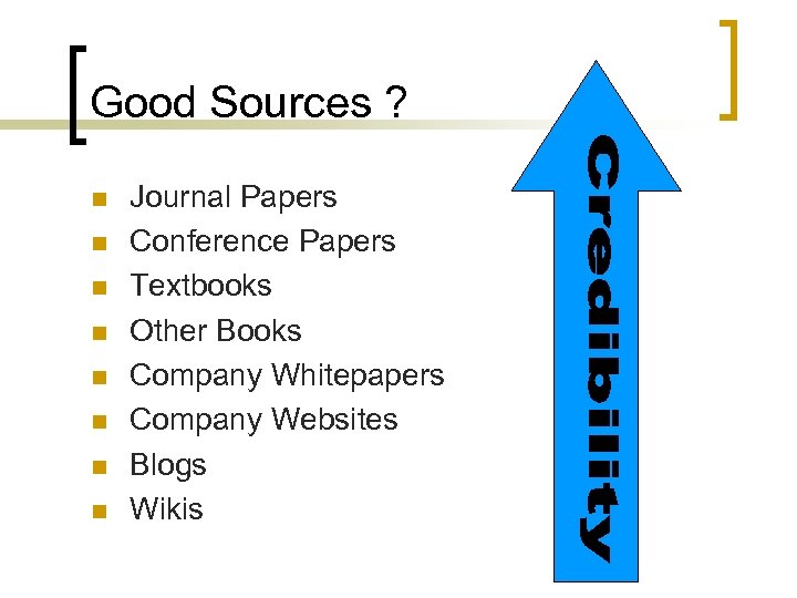 Good Sources ? n n n n Journal Papers Conference Papers Textbooks Other Books