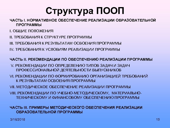 Структура ПООП ЧАСТЬ I. НОРМАТИВНОЕ ОБЕСПЕЧЕНИЕ РЕАЛИЗАЦИИ ОБРАЗОВАТЕЛЬНОЙ ПРОГРАММЫ I. ОБЩИЕ ПОЛОЖЕНИЯ II. ТРЕБОВАНИЯ