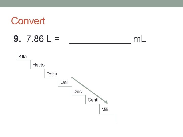 Convert 9. 7. 86 L = ______ m. L KIlo Hecto Deka Unit Deci