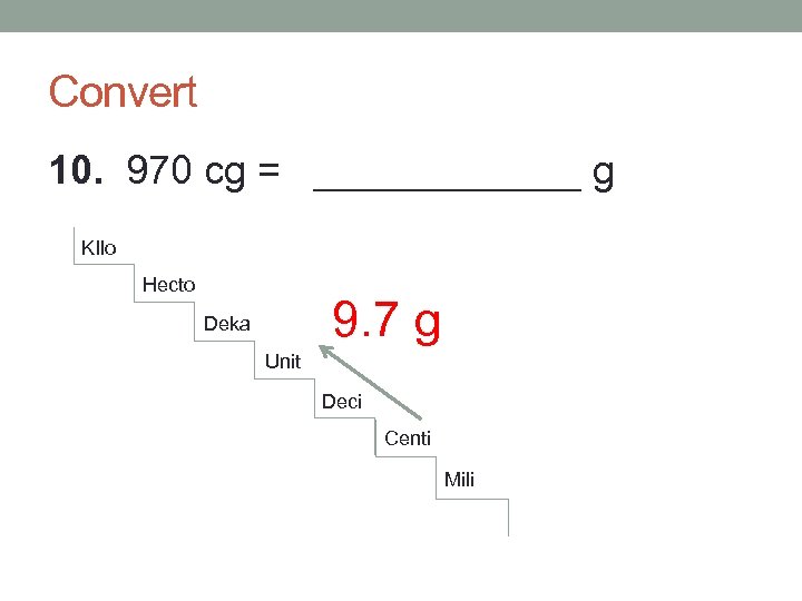 Convert 10. 970 cg = ______ g KIlo Hecto 9. 7 g Deka Unit