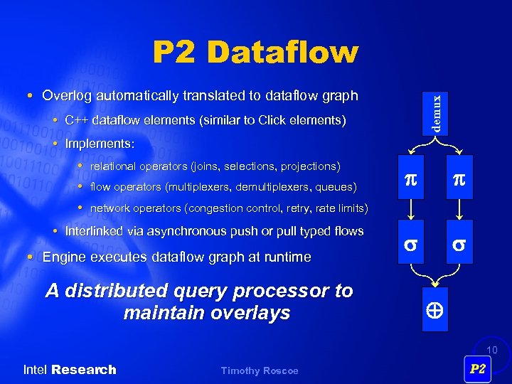 P 2 Dataflow demux Overlog automatically translated to dataflow graph C++ dataflow elements (similar