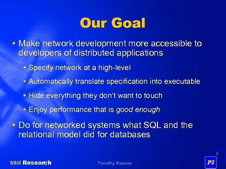 Our Goal Make network development more accessible to developers of distributed applications Specify network