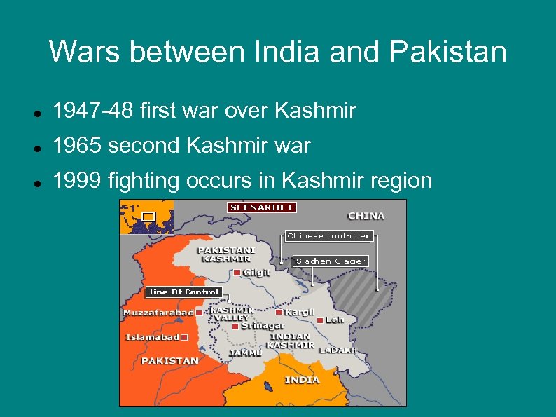 Wars between India and Pakistan 1947 -48 first war over Kashmir 1965 second Kashmir