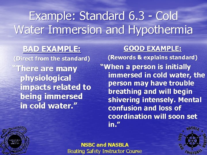 Example: Standard 6. 3 - Cold Water Immersion and Hypothermia BAD EXAMPLE: (Direct from